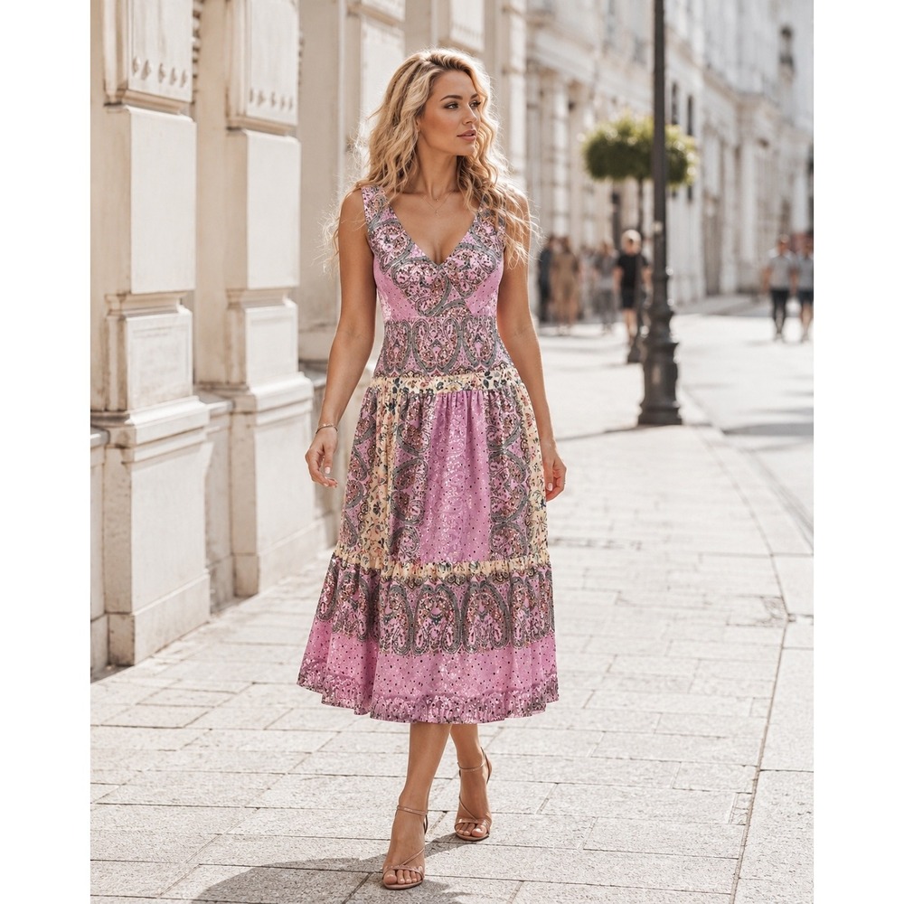 Believe Pink Paisley Sequin Midi Dress Sleeveless‎ Boho Size 12
